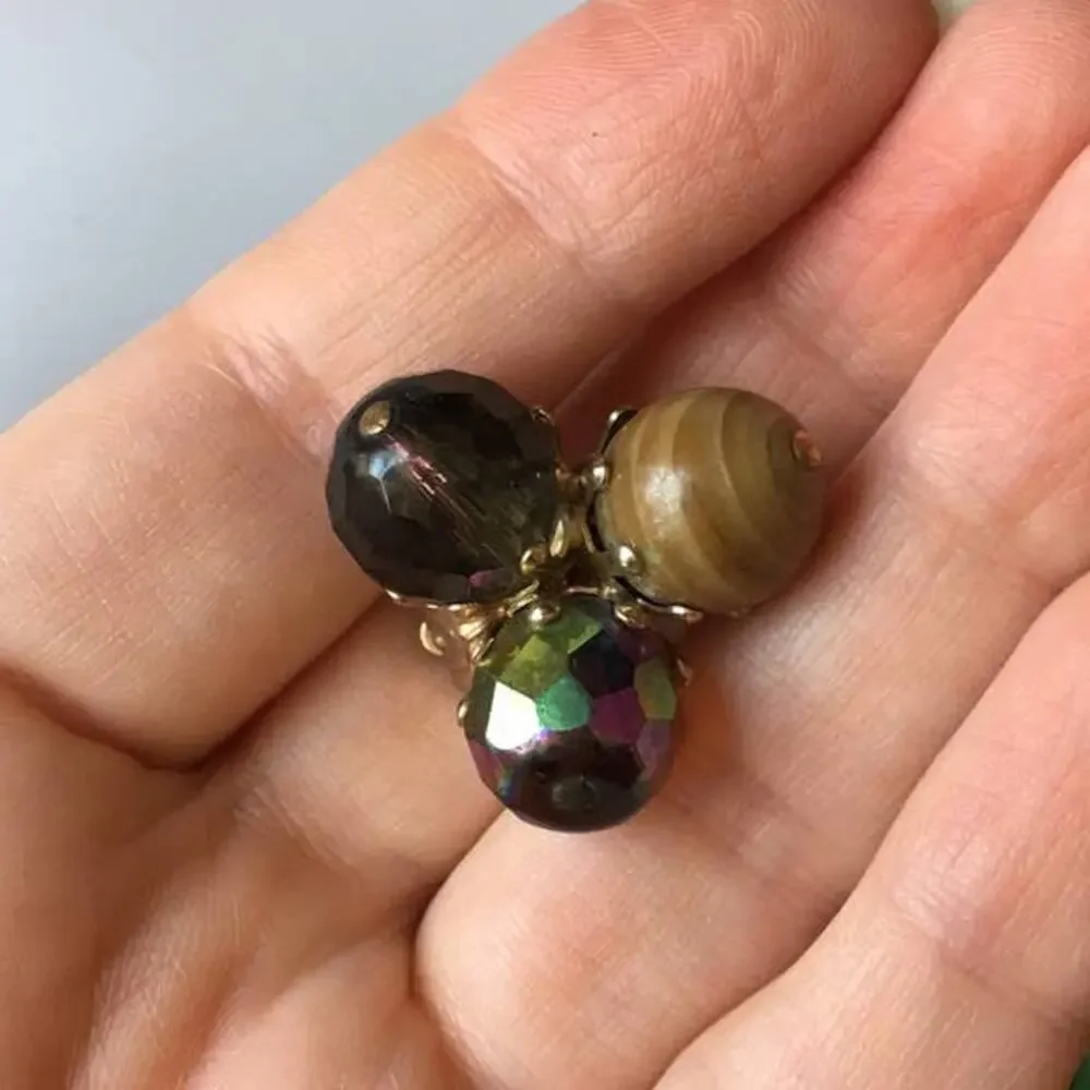 Earth tone large bead cluster clip-on earrings